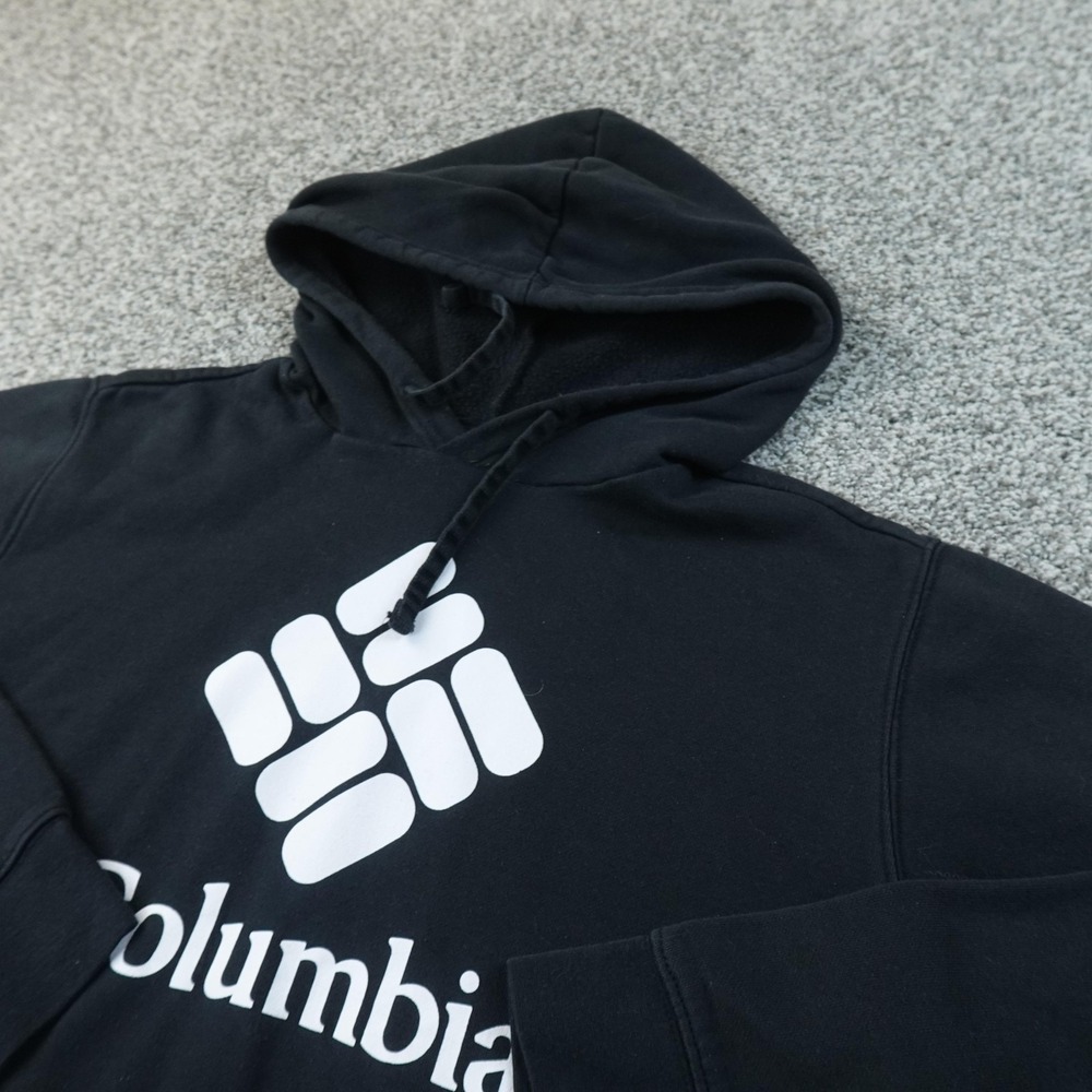 Columbia Hoodie Mens L Black Logo Fleece Pullover Sweatshirt Outdoor Hiking Trek